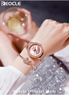 REOCLE Women's Swan Watch Jewelry Set 5 Pieces Watch & Bracelet & Ring & Earring and Necklace Elegant Rhinestone bling Iced Out Jewelry Set for Ladies  - Image 2