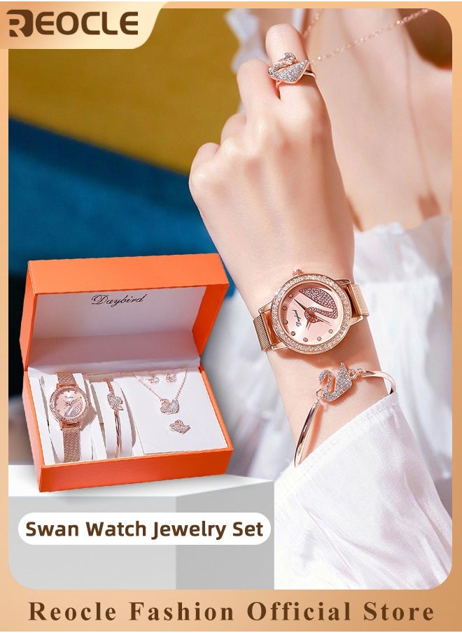 REOCLE Women's Swan Watch Jewelry Set 5 Pieces Watch & Bracelet & Ring & Earring and Necklace Elegant Rhinestone bling Iced Out Jewelry Set for Ladies  - Image 1