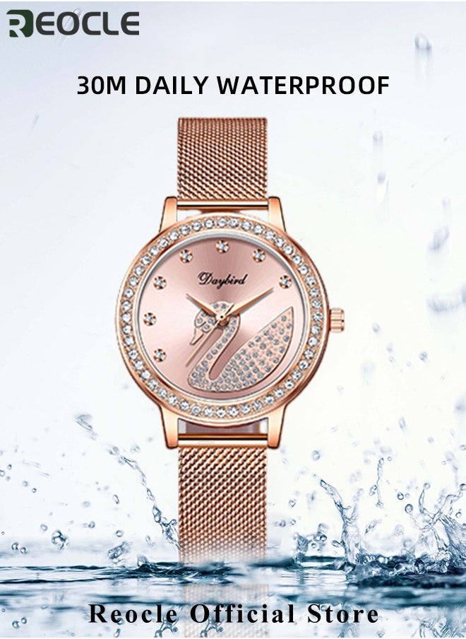 REOCLE Women's Swan Watch Jewelry Set 5 Pieces Watch & Bracelet & Ring & Earring and Necklace Elegant Rhinestone bling Iced Out Jewelry Set for Ladies  - Image 5