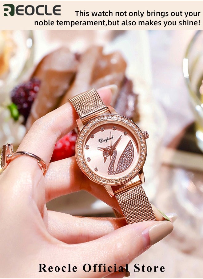 REOCLE Women's Swan Watch Jewelry Set 5 Pieces Watch & Bracelet & Ring & Earring and Necklace Elegant Rhinestone bling Iced Out Jewelry Set for Ladies  - Image 4