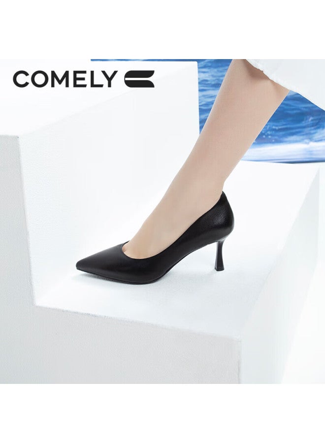 Comely Women's Spring Single Shoes With Thin Heels, Pointed Toe, High Heels, Sheepskin, Soft And Comfortable Soles, Simple Professional Work Shoes, Black, Size 34 - Image 4