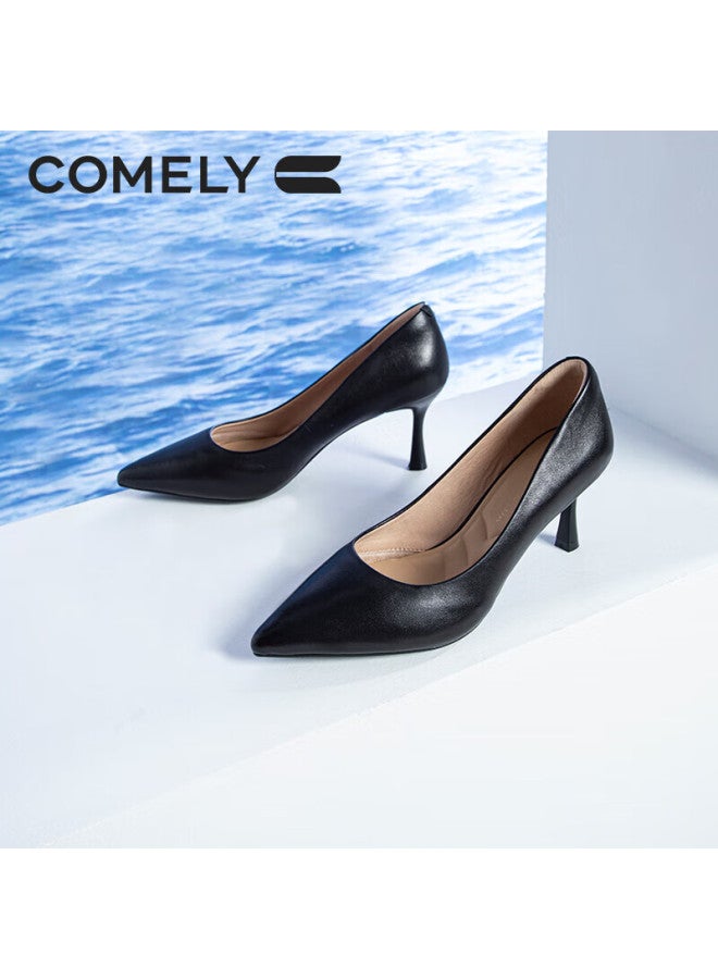Comely Women's Spring Single Shoes With Thin Heels, Pointed Toe, High Heels, Sheepskin, Soft And Comfortable Soles, Simple Professional Work Shoes, Black, Size 34 - Image 5