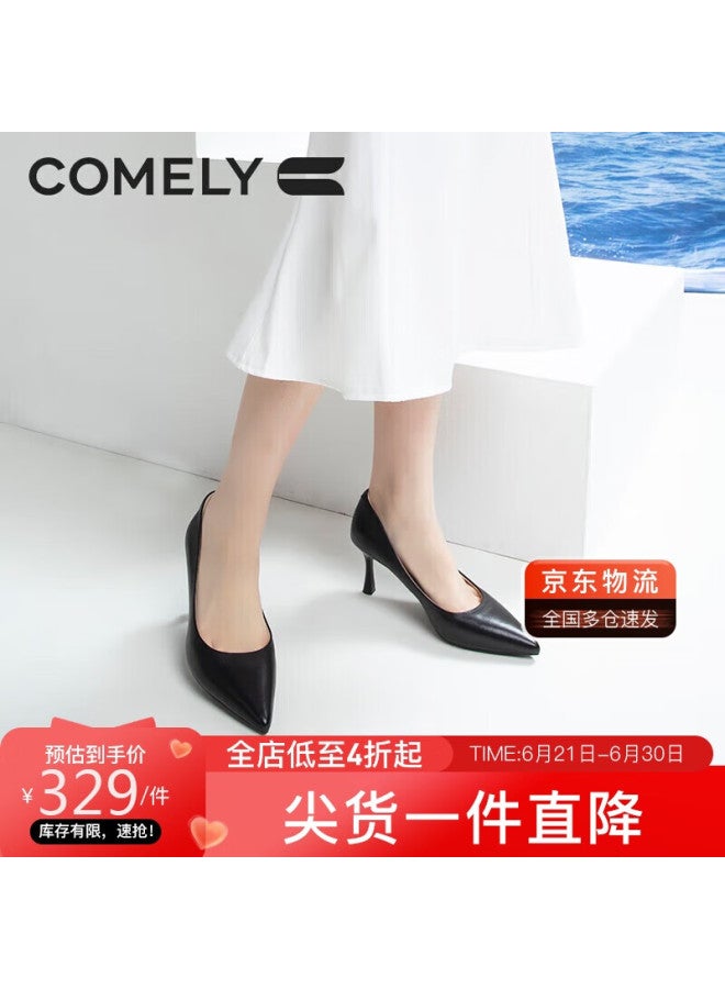 Comely Women's Spring Single Shoes With Thin Heels, Pointed Toe, High Heels, Sheepskin, Soft And Comfortable Soles, Simple Professional Work Shoes, Black, Size 34 - Image 1