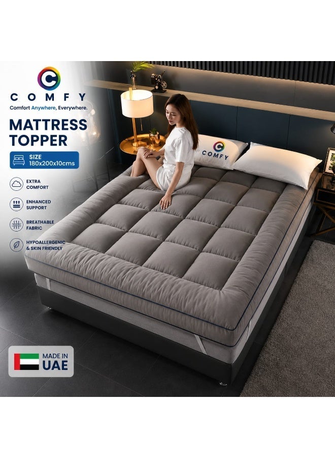 Comfy 180 x 200 x 10 Cm Hotel Style Grey Mattress Topper with Black Piping with Fiber Filling - Image 1