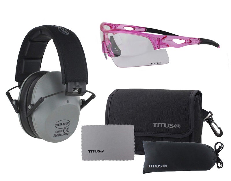 TITUS Slimline Earmuffs and Safety Glasses Combo Pack Grey Pink Frame wClear Lens