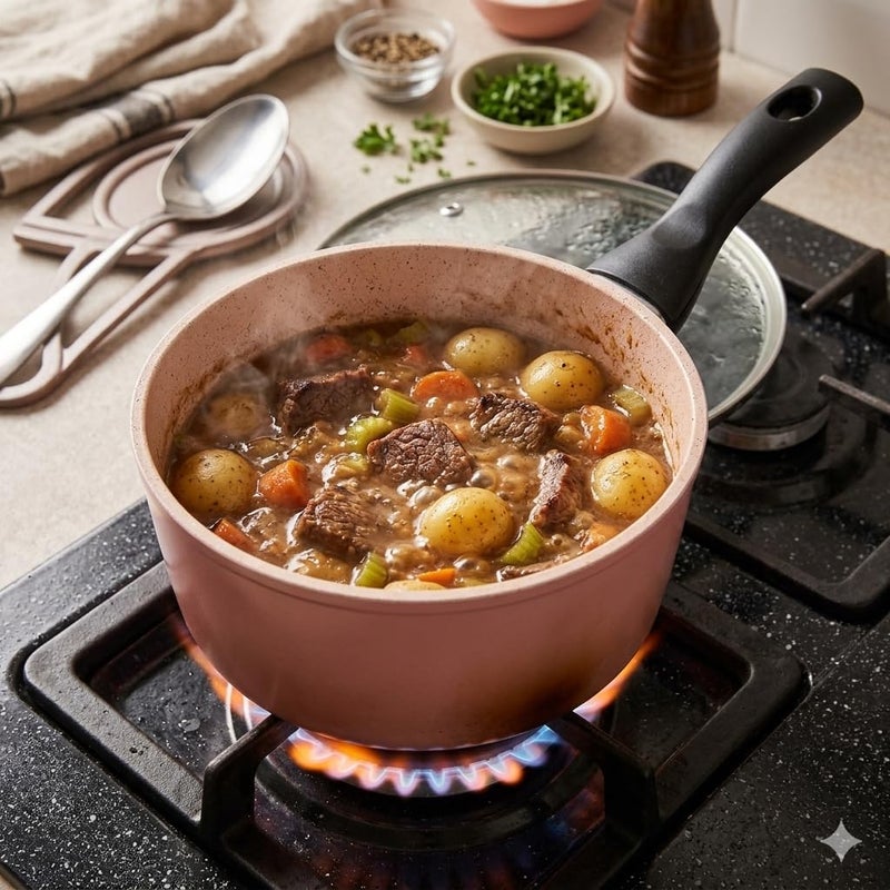 Saucepan with Heat-Resistant Handle, Stainless Steel, Granite Non-Stick Coating, for Cooking Sauces, Boiling, and Daily Kitchen Use (Rose) - Image 4