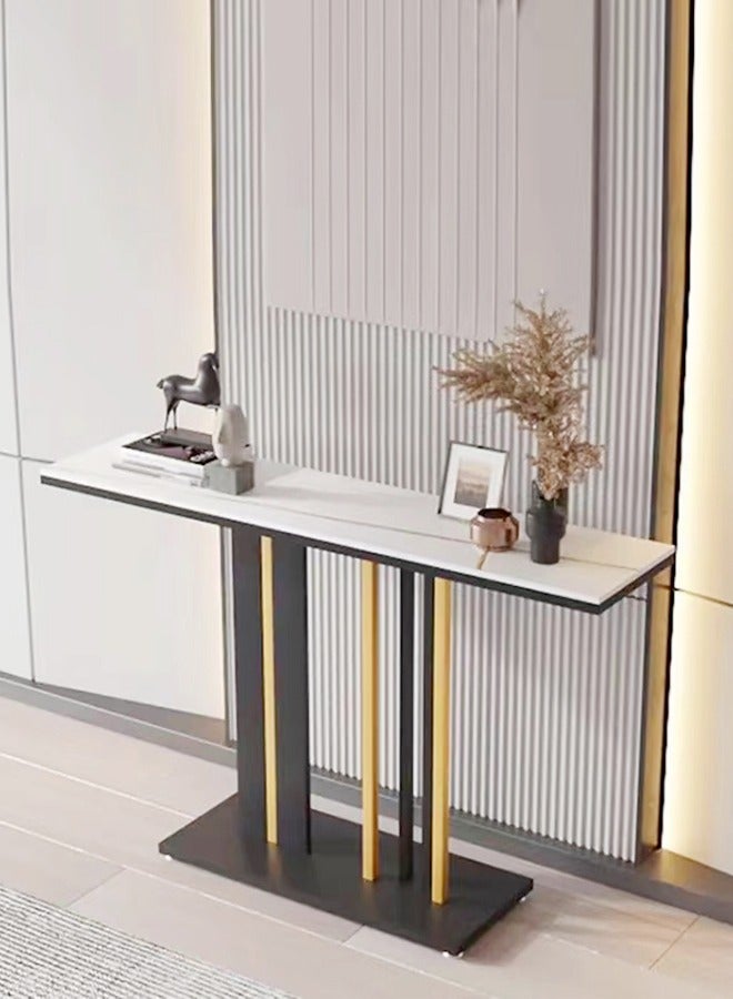 فاشون هوم طاولة كونسول بتصميم عصري فاخر من روك سلاب، مصنوعة من الحجر الأسود المتكلس، مع قاعدة بخطوط هندسية باللونين الأسود والذهبي، مناسبة للمدخل وغرفة المعيشة والمكاتب، بمقاس 140×30×80 سم - Image 1