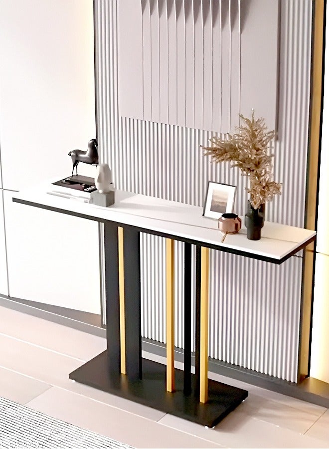 فاشون هوم طاولة كونسول بتصميم عصري فاخر من روك سلاب، مصنوعة من الحجر الأسود المتكلس، مع قاعدة بخطوط هندسية باللونين الأسود والذهبي، مناسبة للمدخل وغرفة المعيشة والمكاتب، بمقاس 140×30×80 سم - Image 5