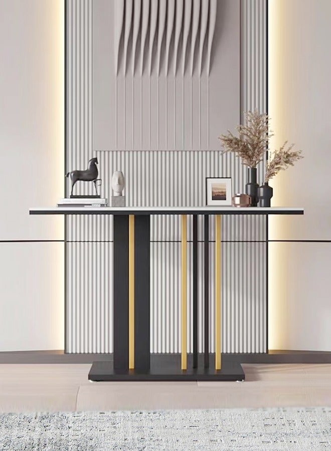 فاشون هوم طاولة كونسول بتصميم عصري فاخر من روك سلاب، مصنوعة من الحجر الأسود المتكلس، مع قاعدة بخطوط هندسية باللونين الأسود والذهبي، مناسبة للمدخل وغرفة المعيشة والمكاتب، بمقاس 140×30×80 سم - Image 3