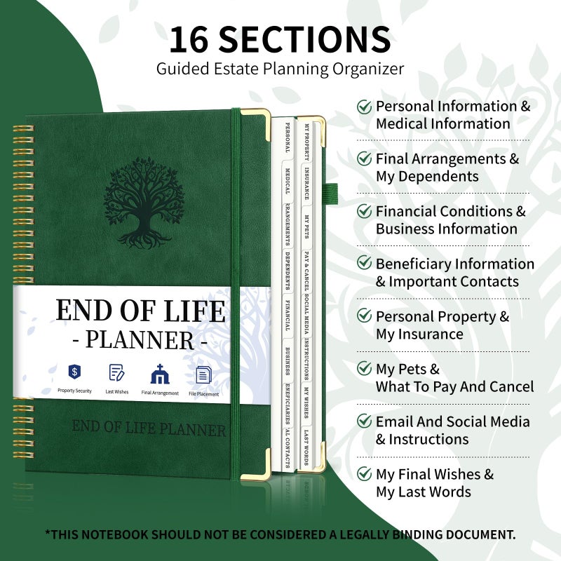 Blugool End of Life Planner, Spiral Estate Planning Organizer with Tabs for Senior, I'm Dead Now What Planner for Final Arrangements & Important Affairs with Large Print, 7.9"x10.4", Green - Image 3