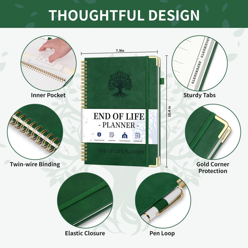 Blugool End of Life Planner, Spiral Estate Planning Organizer with Tabs for Senior, I'm Dead Now What Planner for Final Arrangements & Important Affairs with Large Print, 7.9"x10.4", Green - Image 2