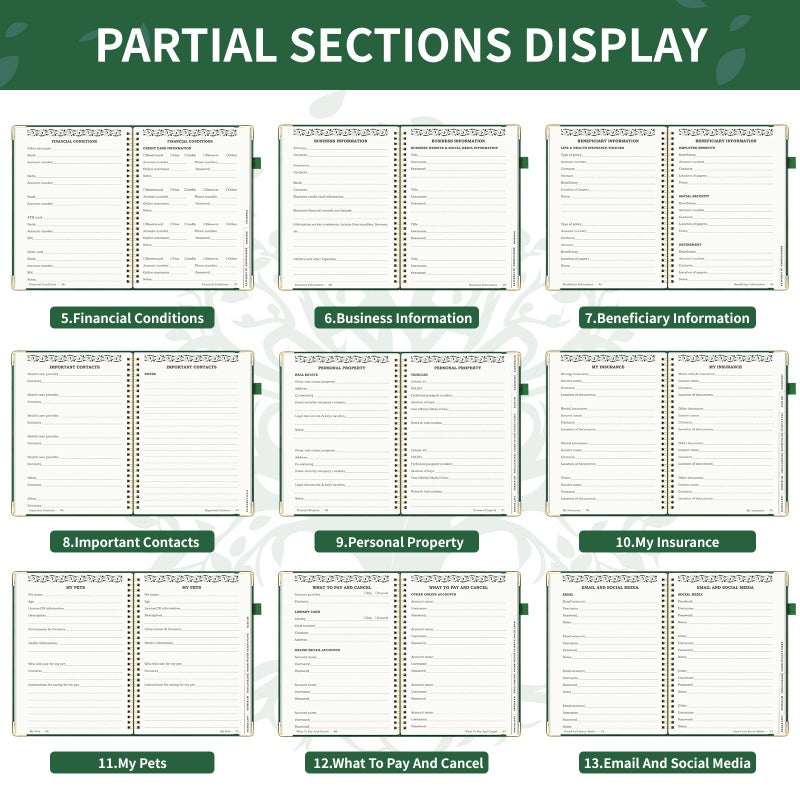 Blugool End of Life Planner, Spiral Estate Planning Organizer with Tabs for Senior, I'm Dead Now What Planner for Final Arrangements & Important Affairs with Large Print, 7.9"x10.4", Green - Image 5