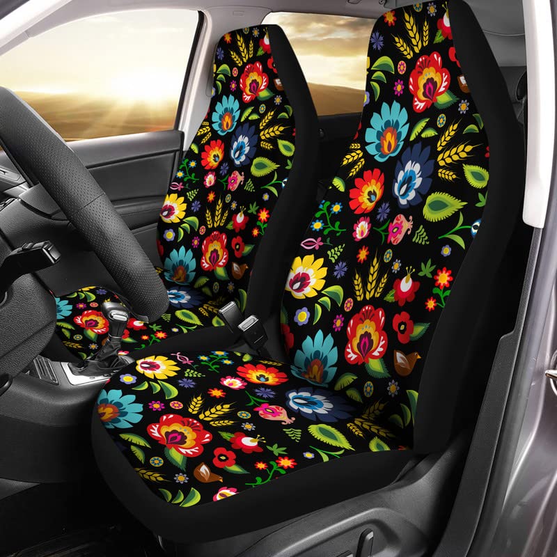 Bulopur Black Boho Floral Car Seat Covers Front Seats Only for Women Men Seat Covers wOrganizer Pocket for Cars SUV Truck Sedan - Image 1