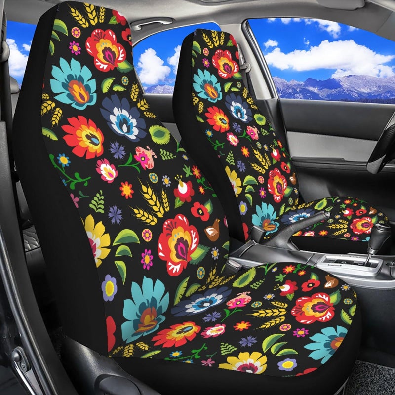 Bulopur Black Boho Floral Car Seat Covers Front Seats Only for Women Men Seat Covers wOrganizer Pocket for Cars SUV Truck Sedan - Image 3