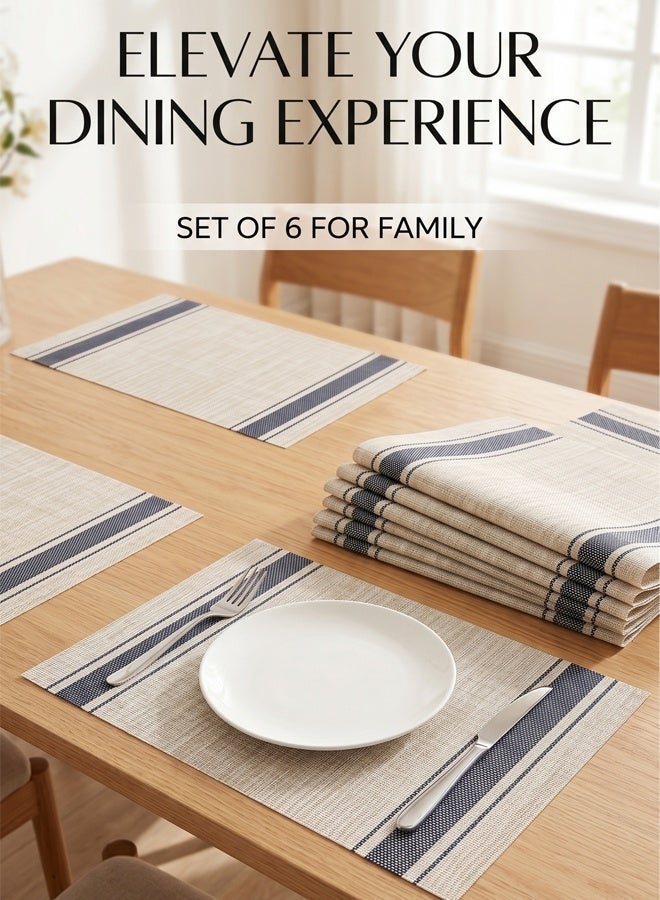 JieSuDa 6-Piece Blue Striped Dining Placemats Set 30x45cm Non-Stick Oil Resistant Heat Resistant Non-Slip Washable Table Mats Decorative Table Linen - Image 3