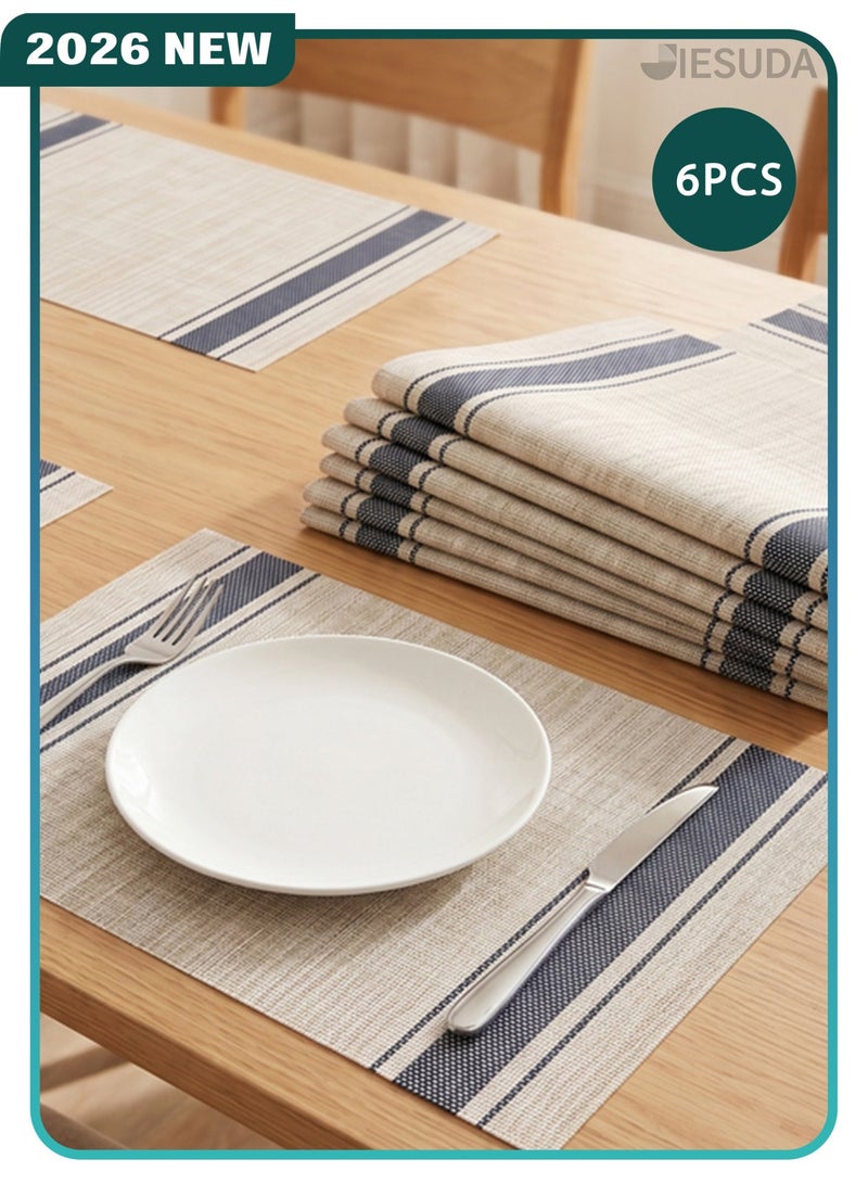 JieSuDa 6-Piece Blue Striped Dining Placemats Set 30x45cm Non-Stick Oil Resistant Heat Resistant Non-Slip Washable Table Mats Decorative Table Linen - Image 2