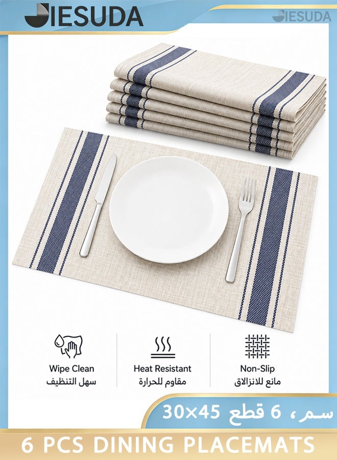 JieSuDa 6-Piece Blue Striped Dining Placemats Set 30x45cm Non-Stick Oil Resistant Heat Resistant Non-Slip Washable Table Mats Decorative Table Linen - Image 1