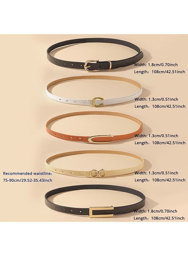 5PCS Women Skinny Leather Belt Set, Accessories Waist Strap, Women Waistband, Thin Adjustable Waist Belts with Metal Buckle for Jeans, Pants, Dresses, Elegant Vintage Style - Image 2