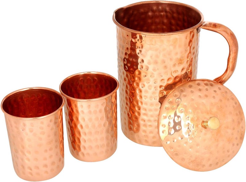 Zap Impex 1600ml Hammered Copper Jug with 2 Glasses for Health - Image 1
