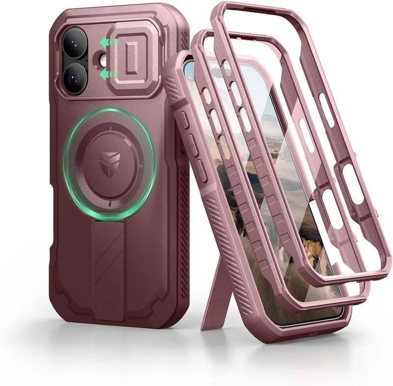 ديكسنور حافظة لـ iPhone 17 مع غطاء كاميرا منزلق وحامل قابل للتعديل وواقي شاشة مدمج، متوافقة مع MagSafe، حافظة متينة مغناطيسية، أحمر مارون - Image 1
