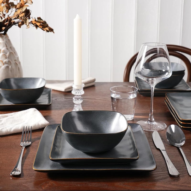Famiware Dinnerware Sets for 4 Ocean Square 12Piece Kitchen Plates and Bowls Sets Microwave and Dishwasher Safe Scratch Resistant Matte Black - Image 2