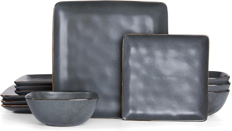 Famiware Dinnerware Sets for 4 Ocean Square 12Piece Kitchen Plates and Bowls Sets Microwave and Dishwasher Safe Scratch Resistant Matte Black - Image 1