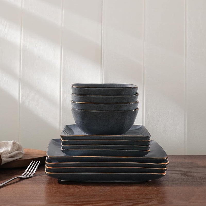 Famiware Dinnerware Sets for 4 Ocean Square 12Piece Kitchen Plates and Bowls Sets Microwave and Dishwasher Safe Scratch Resistant Matte Black - Image 3