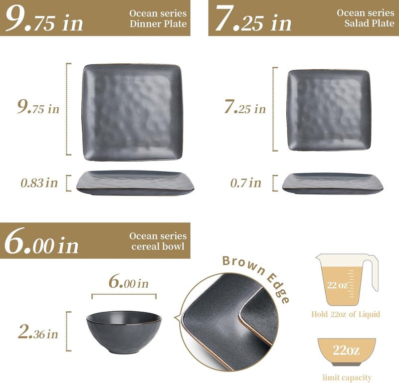 Famiware Dinnerware Sets for 4 Ocean Square 12Piece Kitchen Plates and Bowls Sets Microwave and Dishwasher Safe Scratch Resistant Matte Black - Image 4