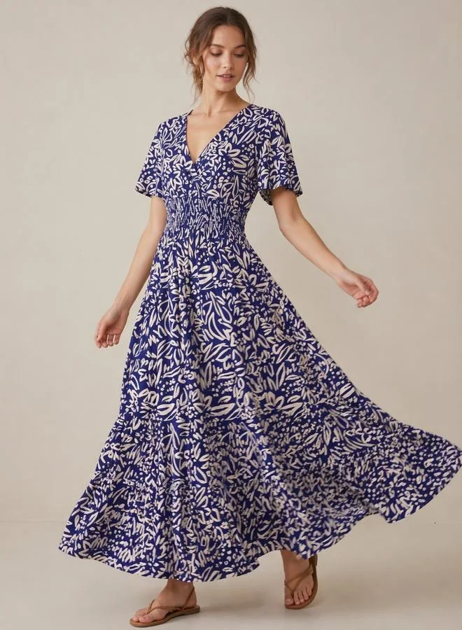 victor and jane Navy Blue All Over Print V Neck Maxi Dress