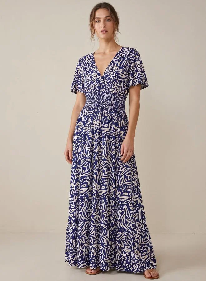 victor and jane Navy Blue All Over Print V Neck Maxi Dress