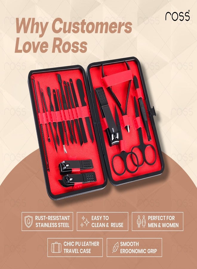 Ross Manicure & Pedicure Kit – Professional Stainless Steel Grooming Set with Nail Clippers, Cuticle Trimmer, Scissors & Tweezers – Travel-Ready Care Kit for Men & Women (18-in-1 Black) - Image 4