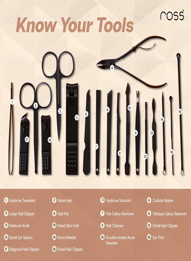 Ross Manicure & Pedicure Kit – Professional Stainless Steel Grooming Set with Nail Clippers, Cuticle Trimmer, Scissors & Tweezers – Travel-Ready Care Kit for Men & Women (18-in-1 Black) - Image 2