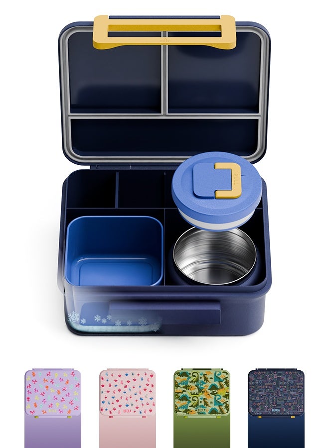 BEOLA Lunch Box with Food Jar and Ice Pack, 5 Compartment Bento with 240ml Food thermo, Insulated Lunch Box for Hot or Cold Meals, Lightweight, BPA free (Pixel Play) - Image 1