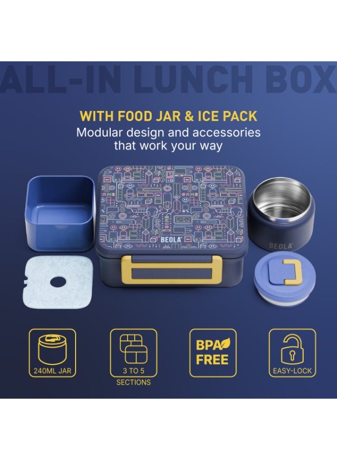 BEOLA Lunch Box with Food Jar and Ice Pack, 5 Compartment Bento with 240ml Food thermo, Insulated Lunch Box for Hot or Cold Meals, Lightweight, BPA free (Pixel Play) - Image 3