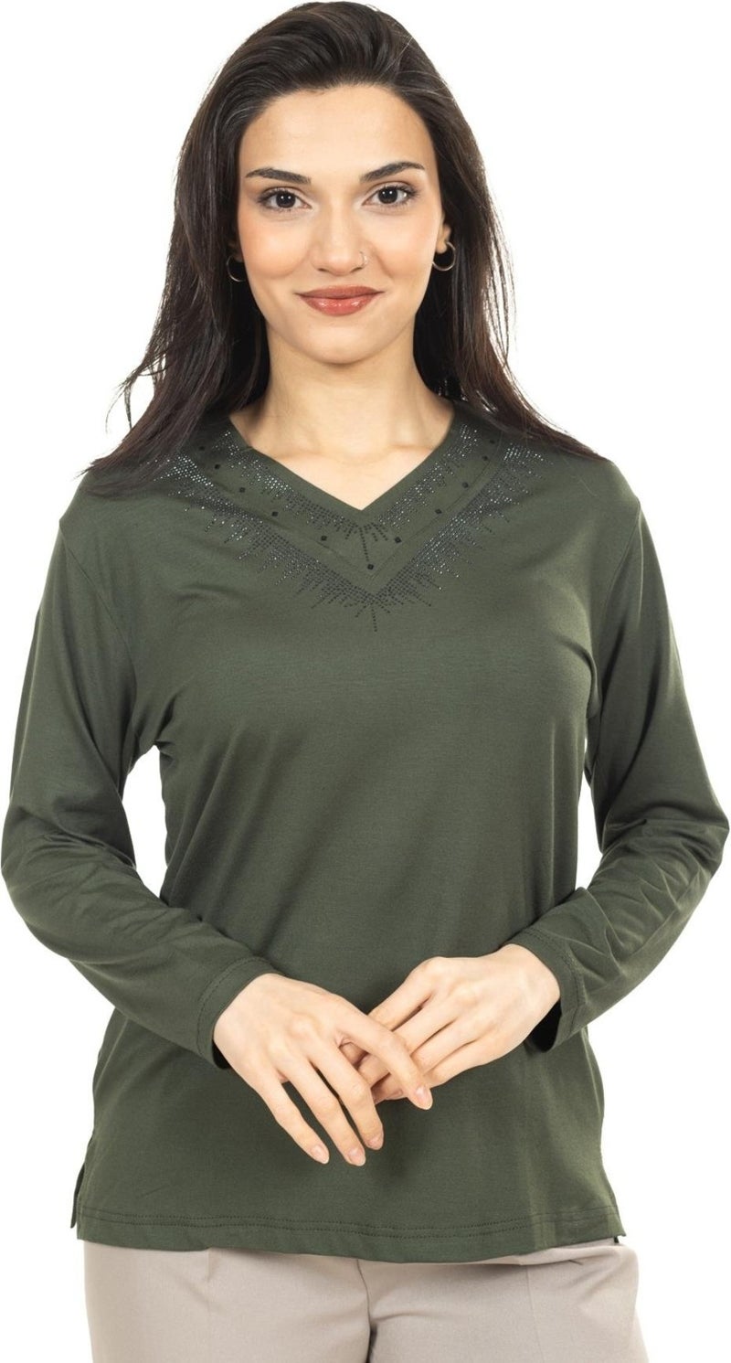 Mutlu City Women Middle Age and Above New Model V Neck Plain Model Mother Cotton Blouse 30565  - Image 5