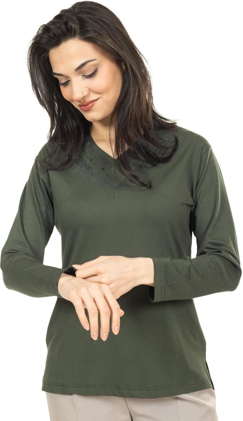 Mutlu City Women Middle Age and Above New Model V Neck Plain Model Mother Cotton Blouse 30565  - Image 2