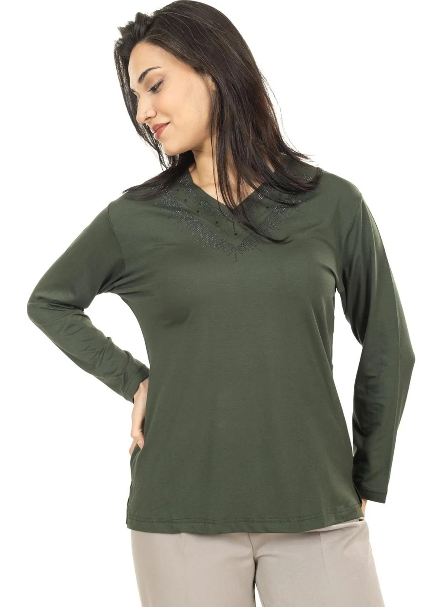 Mutlu City Women Middle Age and Above New Model V Neck Plain Model Mother Cotton Blouse 30565