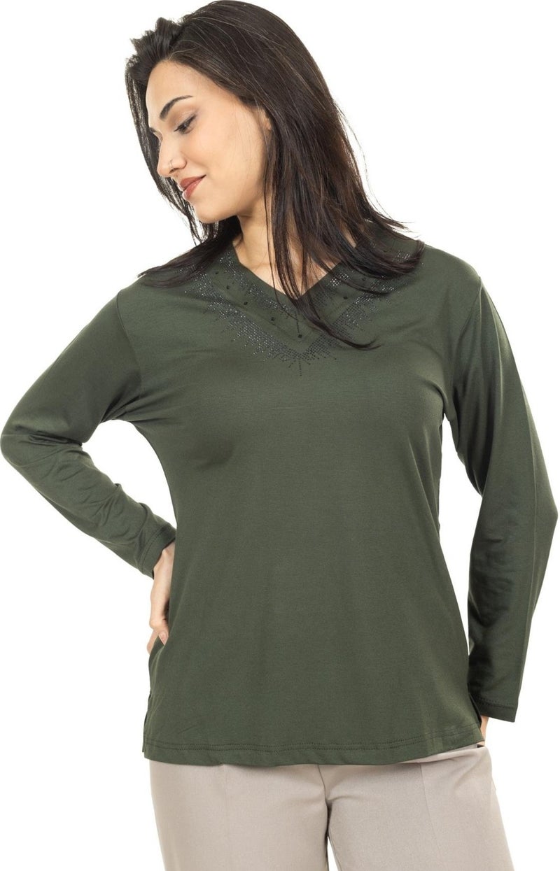 Mutlu City Women Middle Age and Above New Model V Neck Plain Model Mother Cotton Blouse 30565  - Image 1