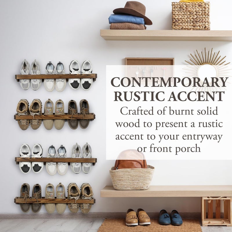 MyGift 30 Inch Rustic Burnt Solid Wood Hanging Shoe Rack, Wall Mounted Storage Organizer Footwear Holder for Closet, Mudroom, Entryway, Holds 6 Pairs, Set of 2 - Image 3