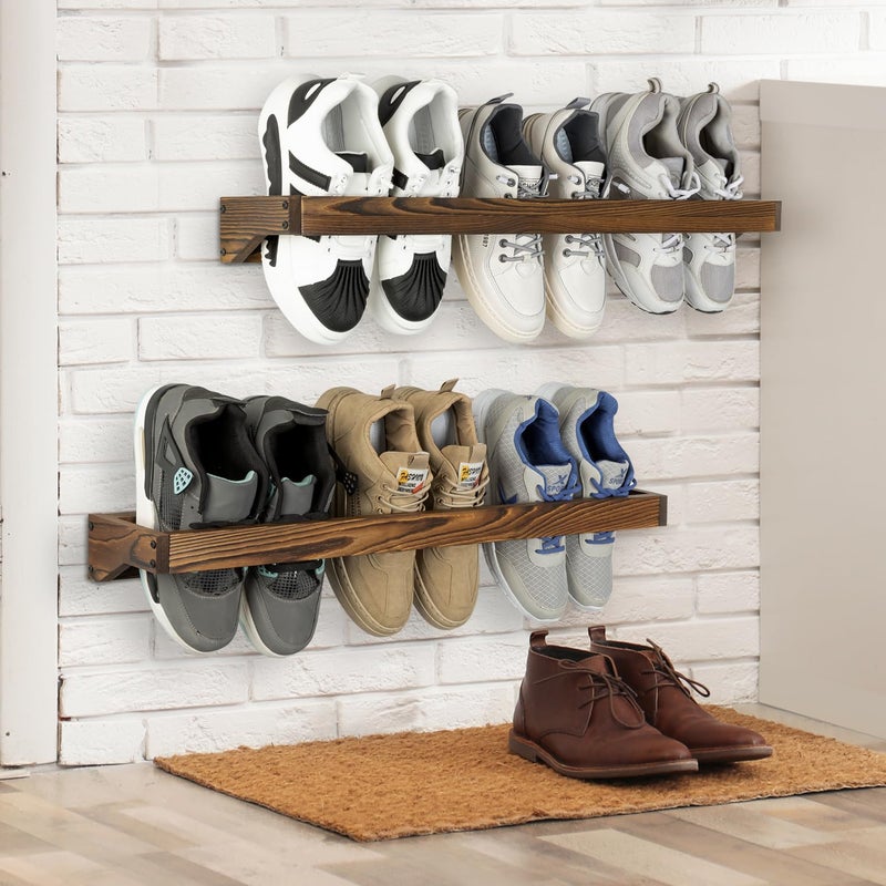 MyGift 30 Inch Rustic Burnt Solid Wood Hanging Shoe Rack, Wall Mounted Storage Organizer Footwear Holder for Closet, Mudroom, Entryway, Holds 6 Pairs, Set of 2 - Image 4