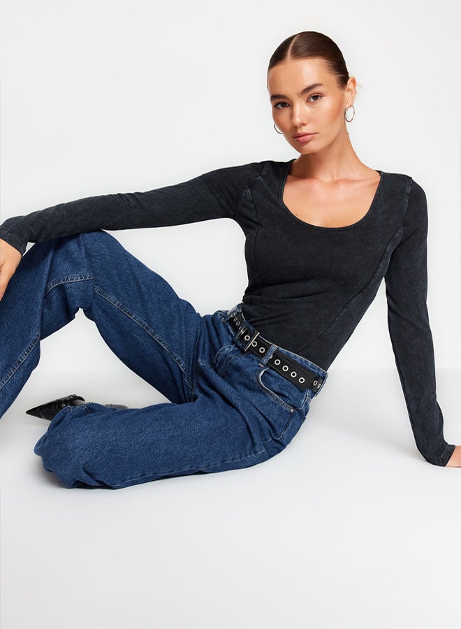 trendyol Anthracite Antique/Pale Effect Cotton Long Sleeve Stretch Snap Knitted Body - Image 2