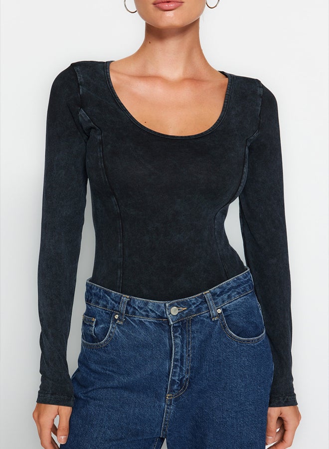 trendyol Anthracite Antique/Pale Effect Cotton Long Sleeve Stretch Snap Knitted Body - Image 4