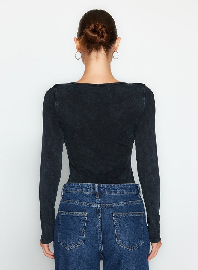 trendyol Anthracite Antique/Pale Effect Cotton Long Sleeve Stretch Snap Knitted Body - Image 5