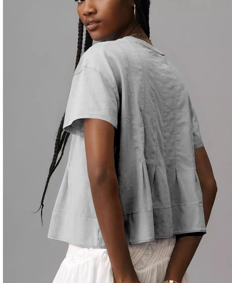 OPCAKM Cute Tops for Women Summer Pleated Swing T-Shirt Casual Babydoll Peplum Tops Lightweight Flowy Loose Fit Tee(Gray-XL) - Image 2