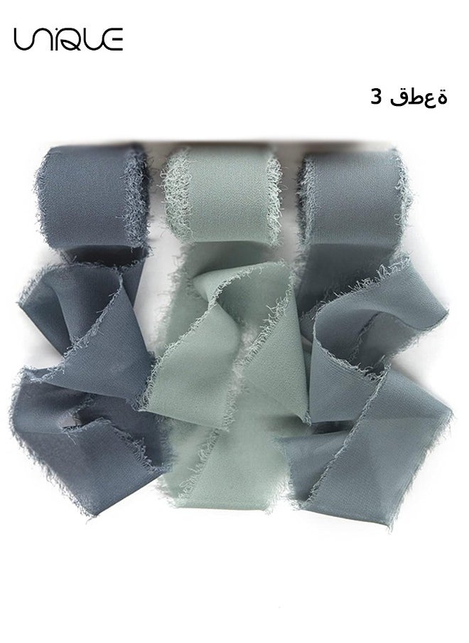 Unique Handmade Fringe Chiffon Ribbon, 3 Rolls 4cm x 5m Dusty Blue Ribbons Set for Wedding Invitations, Bridal Bouquets, Gifts Wrapping, DIY Crafts  - Image 1