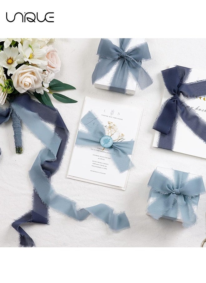 Unique Handmade Fringe Chiffon Ribbon, 3 Rolls 4cm x 5m Dusty Blue Ribbons Set for Wedding Invitations, Bridal Bouquets, Gifts Wrapping, DIY Crafts  - Image 5
