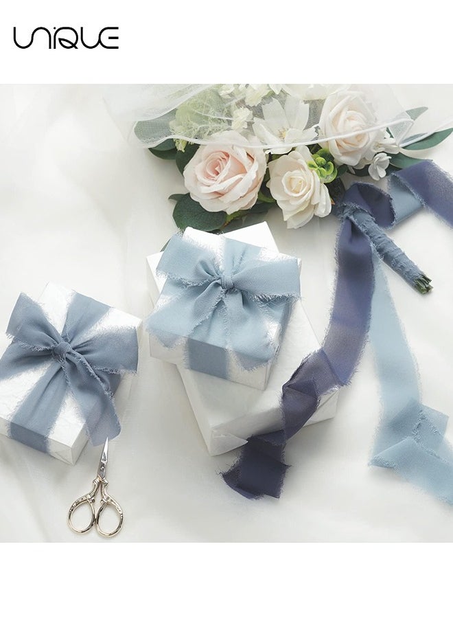 Unique Handmade Fringe Chiffon Ribbon, 3 Rolls 4cm x 5m Dusty Blue Ribbons Set for Wedding Invitations, Bridal Bouquets, Gifts Wrapping, DIY Crafts  - Image 4