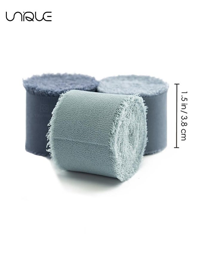 Unique Handmade Fringe Chiffon Ribbon, 3 Rolls 4cm x 5m Dusty Blue Ribbons Set for Wedding Invitations, Bridal Bouquets, Gifts Wrapping, DIY Crafts  - Image 2