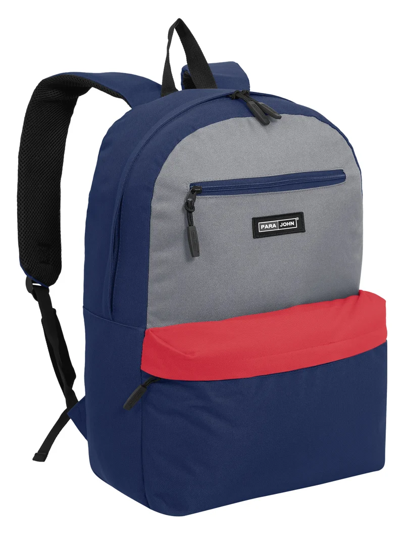 Parajohn PARA JOHN Unisex Casual Backpack for School, College & Everyday Use, Spacious Main Compartment with Front Zipper Pockets, Adjustable Shoulder Straps – Blue, Grey & Red
