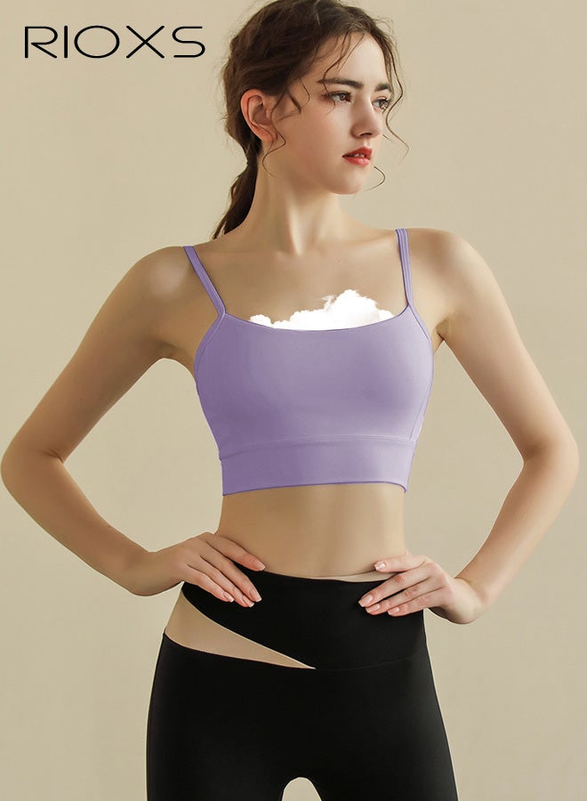 ريوكس حمالة صدر رياضية نسائية بحمالات رفيعة، حمالة صدر رياضية بدون خطافات، يوغا، جري، لياقة بدنية، بلوزة رياضية منخفضة الكثافة للربيع/الصيف، لون بنفسجي - Image 1